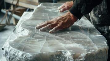 A worker delicately shaping and smoothing a large slab of marble to create a custom fireplace for the living room photo