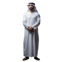 une homme dans traditionnel arabe Vêtements permanent avec une sourire png