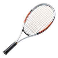 A modern tennis racket with orange and black detailing png