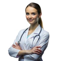 un' sorridente femmina medico nel un' laboratorio cappotto sta con attraversato braccia png