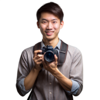 Smiling man holding a professional camera ready to shoot png