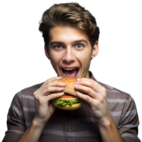 opgewonden jong Mens genieten van een smakelijk hamburger png