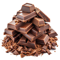 A stack of dark chocolate pieces surrounded by chocolate shavings png