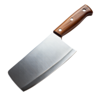 Steel cleaver with a brown wooden handle on a transparent backdrop png