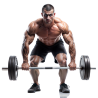 A muscular man is lifting a heavy barbell with intense focus png