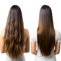dois mulheres exibindo cabelo antes e depois de uma endireitar tratamento png