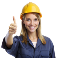Confident woman in hard hat and work clothes with thumbs up png