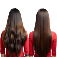 Back view of two women with sleek hair and red tops png