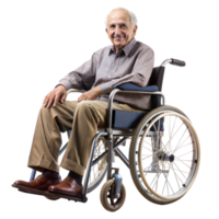 mayor hombre en silla de ruedas mostrando un calentar sonrisa png