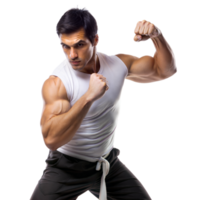 Muscular man in a karate uniform poses ready for combat png