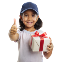 Cheerful child with present showing approval with a gesture png