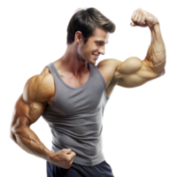 A fit man in a tank top flexing his muscular arm and smiling png