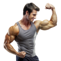 A fit man in a tank top flexing his muscular arm and smiling png