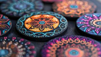 A set of personalized coasters each one uniquely decorated with intricate patterns and colors. photo