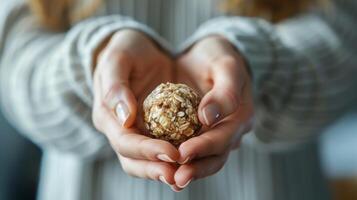 A person holding a homemade energy ball made with allnatural ingredients highlighting the benefits of homemade snacks over processed foods for those who frequent the sauna. photo