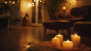 un alumbrado por velas habitación con reclinado sillas y ambiente música diseñado para profundo contemplación y quietud foto