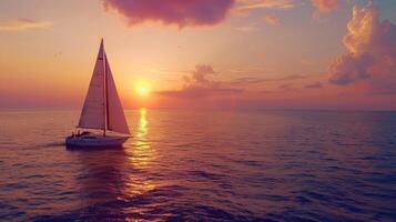 A colorful sunset over the horizon as a sailboat glides through the calm evening waters photo