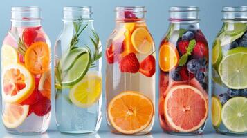 A colorful display of fruitinfused water options along with helpful tips on staying hydrated during summer photo