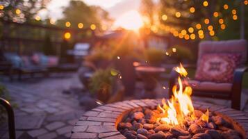 As the sun sets and the temperature drops the outdoor patio becomes a serene retreat with a beautiful fire pit as the main feature. 2d flat cartoon photo