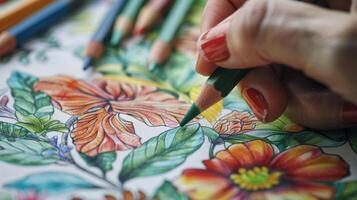 un personas mano suavemente colorante en un página de un sereno jardín escena utilizando vibrante grado de artista lapices foto
