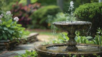 The gentle trickling sound of a nearby fountain adds to the peaceful and serene atmosphere. 2d flat cartoon photo