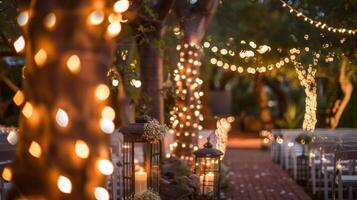 el al aire libre ceremonia es rodeado por suavemente brillante arboles cada uno envuelto en hada luces y adornado con linternas a añadir a el romántico ambiente 2d plano dibujos animados foto