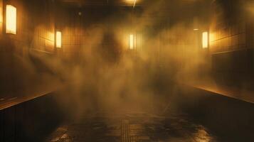 A steamy sauna room with dim lighting creating a calming and intimate atmosphere for patients to open up and heal. photo