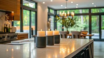 A modern kitchen island is elevated with a row of matte black pillar candles as the centerpiece adding a touch of sophistication to the space. 2d flat cartoon photo