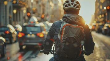 A cyclist navigates through a bustling city finding a sense of calm ast the chaos with the wind in their hair and a clear mind photo