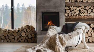 Decorative logs sit beside the fireplace adding a touch of nature and rustic charm to the modern design. 2d flat cartoon photo