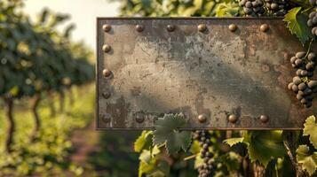 Blank mockup of a vintageinspired metal wine vineyard entrance sign with embossed lettering and a textured g leaf design. photo