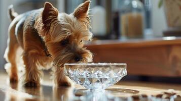 A small terrier excitedly sniffs a crystalencrusted food bowl filled with gourmet dog treats while a matching water bowl sits nearby photo