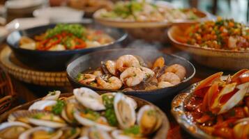 The host demonstrates how to make a traditional seafood dish from a nearby island highlighting the fusion of flavors unique to this coastal region photo