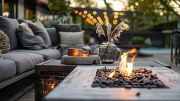 With the fire table as the centerpiece this outdoor living area transforms into a cozy and intimate escape from the hustle and bustle of daily life. 2d flat cartoon photo