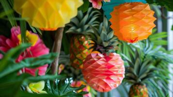 vistoso y vibrante temática tropical decoraciones tal como piña linternas y papel flor guirnaldas agregando a el festivo ambiente foto