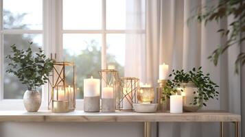 The geometric candle arrangement on the console table is a beautiful example of how modern design can incorporate traditional elements. 2d flat cartoon photo