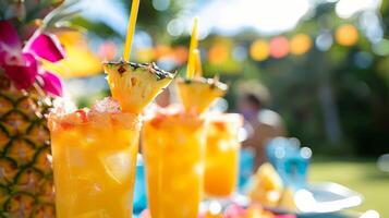 A summer luau featuring tropical mocktails like pineapple mango coolers and a limbo competition photo