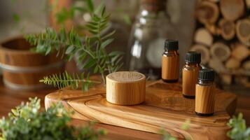 un conjunto de perfumado esencial aceites diseñado específicamente para utilizar en saunas a mejorar relajación y proporcionar un refrescante aroma. foto