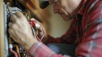 A closeup shot of a technician replacing an old and faulty thermostat with a new smart one giving homeowners more control over their homes temperature settings photo