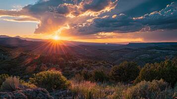 un asombroso ver de un puesta de sol paisaje transformado dentro un trabajo de Arte mediante Cuidado colorante con alta calidad materiales foto