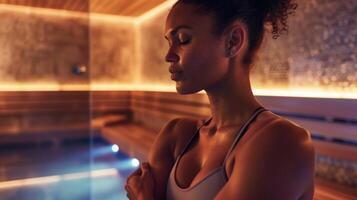 A fitness instructor leading a postworkout stretching session inside the sauna for added relaxation and muscle recovery. photo