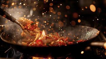 en el calor de el momento esta llameante wok Salteado es un visión a Mirad. con cada sacudida de el espátula el ingredientes danza a el ritmo de el fuego foto