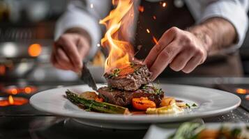 el cocineros manos moverse con precisión y gracia expertamente creando un tentador plato terminado el chicharrón fuego. 2d plano dibujos animados foto