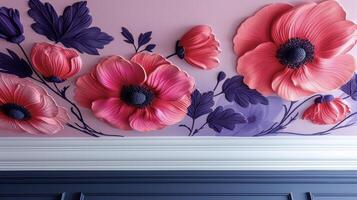 Vibrant stenciled flowers in shades of pink and purple create a striking feature on a plain white ceiling photo