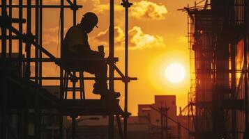 A worker sitting on a stool surrounded by scaffolding enjoying their coffee as the sun sets in the background photo