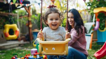 A parent pushing a child on a swing at an alcoholfree playdate in the backyard with a beautiful garden and toys tered around photo