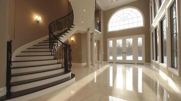 The stunning contrast of black wrought iron balusters against light maple steps and a white handrail creating a clic yet contemporary look photo