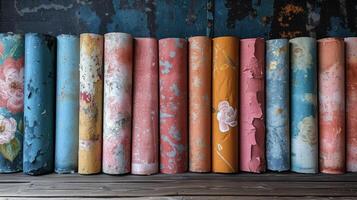An artistic shot of a collection of different patterned wallpapers showcasing the variety available for home renovation photo