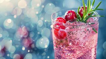 A crisp clear glass filled with fizzy bubbles and a splash of cranberry juice garnished with a sprig of rosemary photo