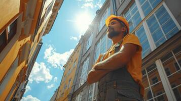 A shot of a window installation in progress with workers carefully fitting energyefficient windows into place to maximize insulation and save on energy costs photo